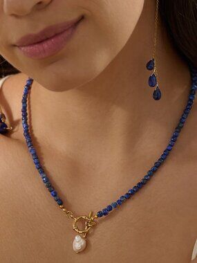 Necklace Blue Lapis Lazuli Beaded Gemstone Necklace Gold Toggle Clasp w/removabl